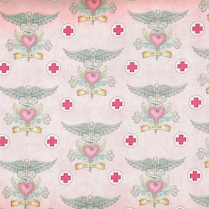 Nurse Tattoo on Pink First Responders Red Cross ~ Quilting Treasures 100% Cotton Sewing Quilting Fabric By The Yard