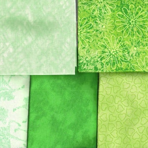 May include: Four different green fabric swatches. The top swatch is a light green with a subtle texture. The second swatch is a bright green with a floral pattern. The third swatch is a solid dark green. The bottom swatch is a light green with a heart pattern.