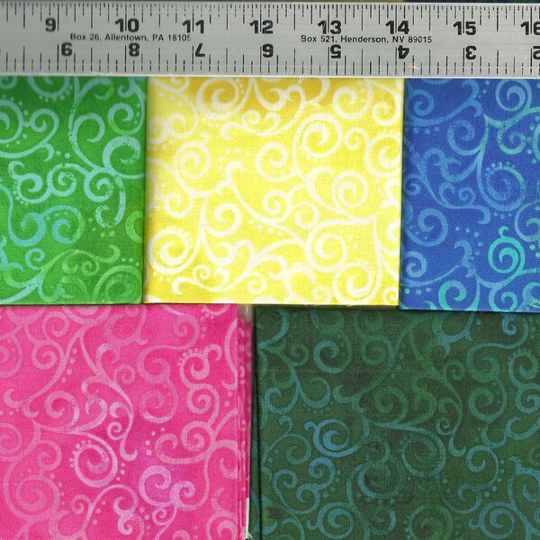 Quilting Treasures ~ 5 Coordinating Fat Quarters ~ Ombre Scroll ~ Forest Yellow Pink Blue Green Blender ~ 100% Cotton Quilting Fabric FQs