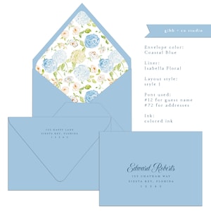 May include: Coastal blue stationery set with floral envelope liner. The set includes an open envelope revealing a floral pattern, and two closed envelopes with addresses. The text "Edward Roberts" is visible on one envelope.