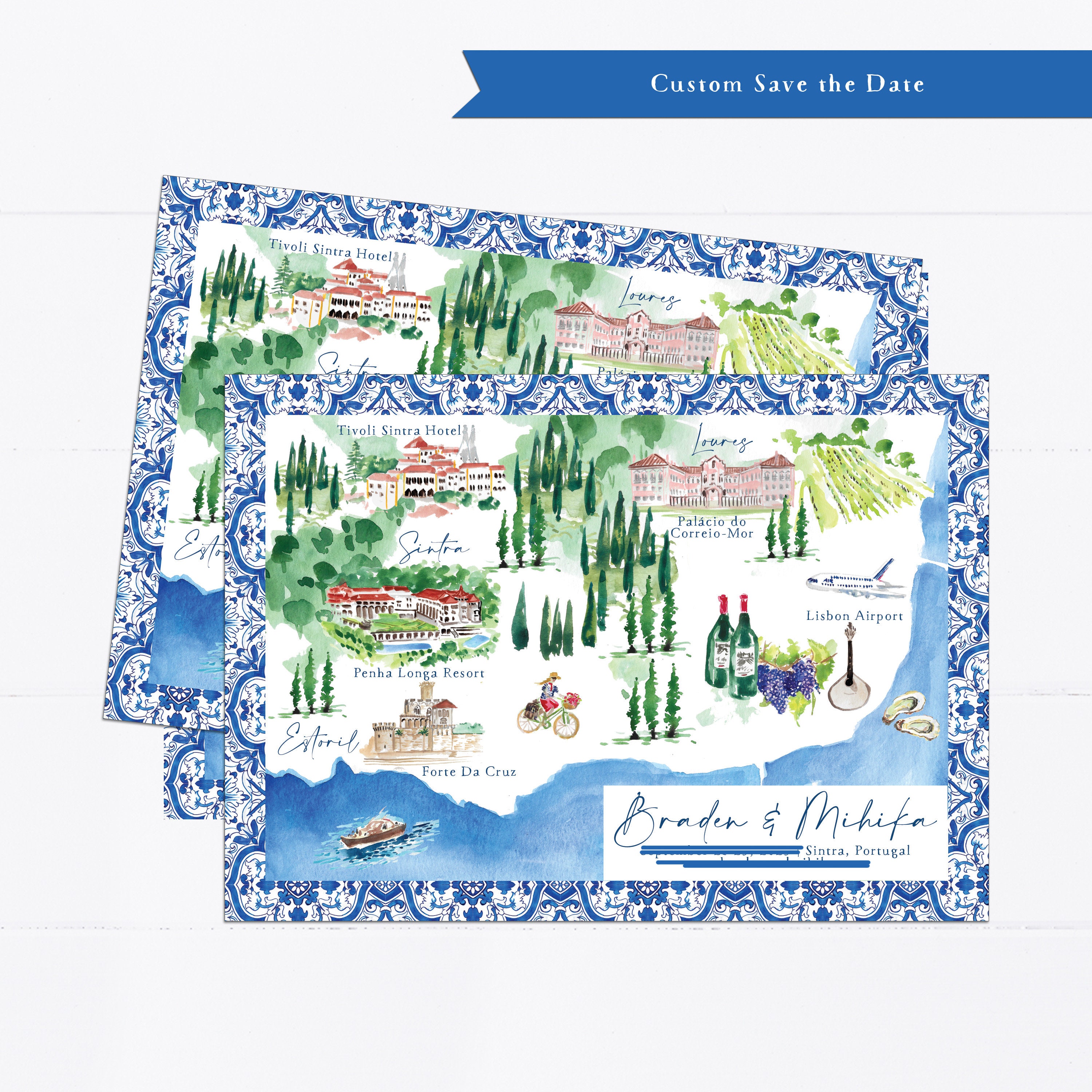 Custom watercolor save the date map