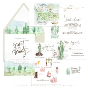 May include: A watercolor wedding invitation suite with a desert theme. The invitation features a cactus landscape with the couple's names, "Grant & Christy", in calligraphy. The RSVP card includes a cactus illustration and the text "Please respond by October 11".