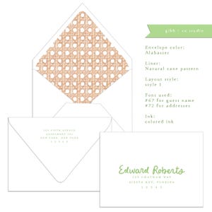 May include: An alabaster envelope with a natural cane pattern liner, paired with a white card featuring the name Edward Roberts and address in green ink. Text includes gibb + co. studio, envelope color, liner, layout style, font, and ink details.