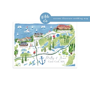 May include: A watercolor illustration of a wedding map for Cape Cod, Massachusetts. The map features landmarks like the Ocean Edge Resort & Golf Club, the Dennis Inn, and the Borsari Gallery. The map is surrounded by blue water and green trees. The text "Molly & Tina Cape Cod, MA" is written in a cursive font at the bottom of the map.