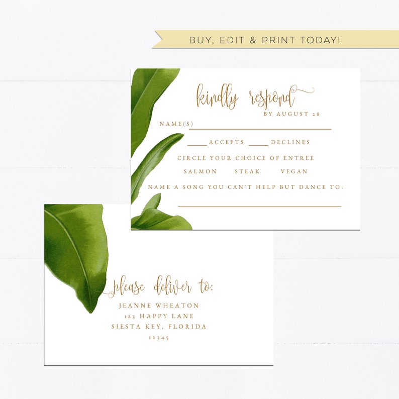 response card Tropical wedding postcard G038 rsvp card vintage illustration Templett response card template editable invitation