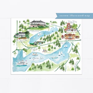 May include: A watercolor illustration of a map of Geneva Lake, Wisconsin. The map features various landmarks, including the Geneva National Resort & Club, The Yacht Club, The Lodge, and Topsy Turvy Church. The map also includes the text "Geneva Lake" and "Lake Geneva Public Beach".