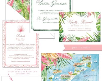Tropical wedding invitations, beach wedding, Coastal wedding, Victoria Semi Custom wedding invites, rsvp, detail, watercolor palms, deposit