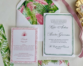Tropical wedding invitations, beach wedding, Coastal wedding, Victoria Semi Custom wedding invites, rsvp, detail, watercolor palms, deposit