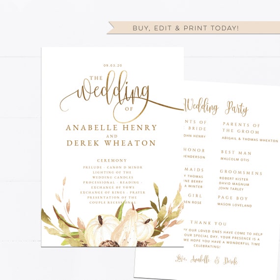 Wedding Program Template Watercolor Pumpkin Leaves Modern Etsy