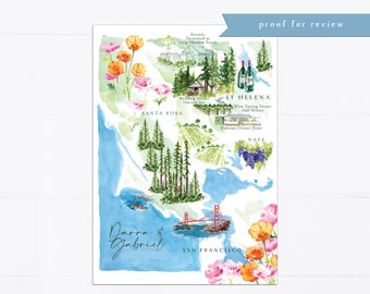 Puede incluir: Una ilustración de acuarela de un mapa de California con un puente rojo, árboles verdes y uvas moradas. El mapa incluye las ciudades de Santa Rosa, St. Helena, Napa y San Francisco. El texto "Darra & Gabriel" está escrito en cursiva en la parte inferior del mapa.