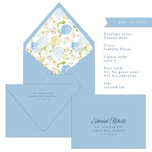 Blue hydrangeas floral liner, A7 Euro flap lined envelopes, digital addressing option, set of 25