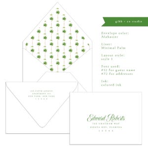 May include: An alabaster envelope with a green palm tree patterned liner, paired with a matching stationery card. The card features the name Edward Roberts in green script and an address in serif font. Text includes gibb + co studio details.