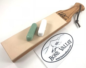Large 14” Double Sided Oak Leather Strop Sharpening Block with Handle Includes 2 Compound Polishing Bars / Knife Sharpening
