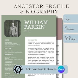 Plantilla editable de historia familiar/genealogía/perfil de antepasado/biografía/18 colores/descarga digital/edición en Canva/tamaño A4 y carta de EE. UU.