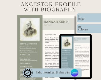 Family History | Genealogy Editable Template | Ancestor Profile with Biography | Digital Download | Edit in Canva | A4 & US Letter