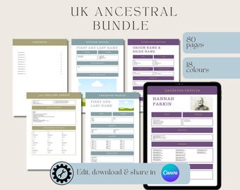 Family History | Genealogy Printable Editable Templates | UK Ancestral Bundle | Digital Download | Edit in Canva