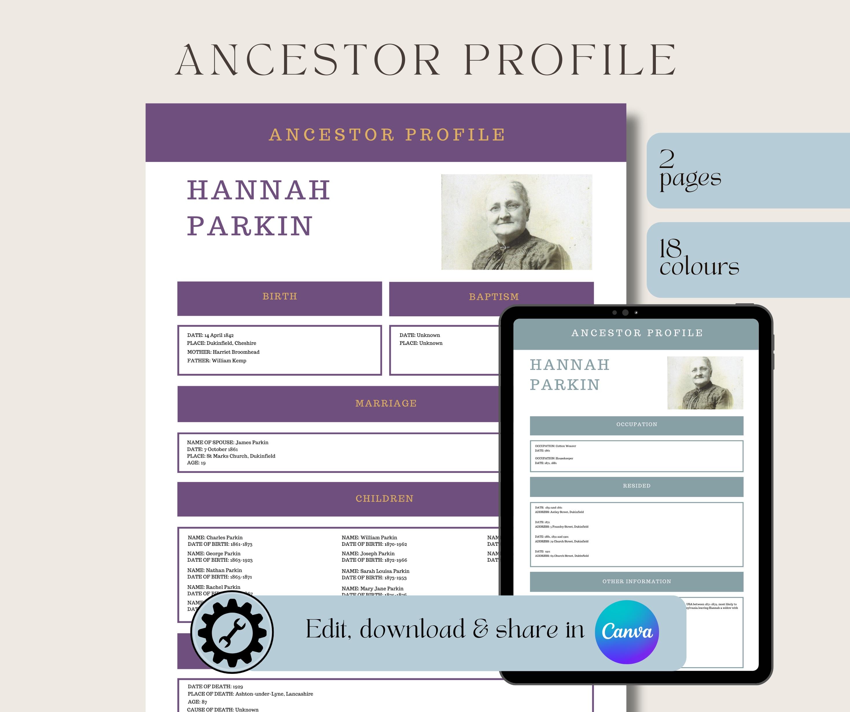 Family History | Ancestor Profile | Genealogy Editable Template | Digital Download | Edit in Canva