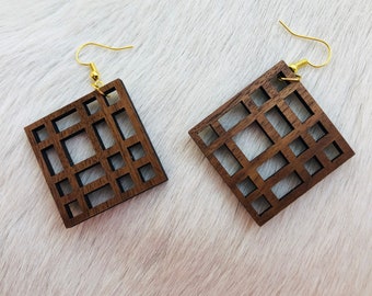 Geometric Square Walnut Laser Cut Lightweight Wood Earrings