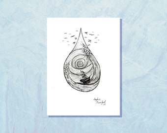 Surreal Ocean Art Print | Fantasy Artwork | Nautical Art | Ship Art Print | 5x7