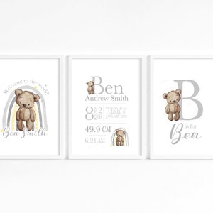 May include: Three printable nursery art prints featuring a cute teddy bear with a rainbow and stars. The prints include the name "Ben" and birth details, including the date, time, and weight. The prints are in a white frame.