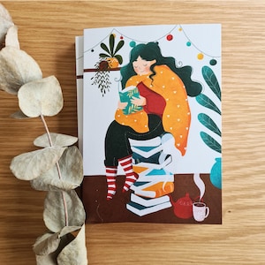 Carte de vœux illustrée ~ Lecture d'hiver