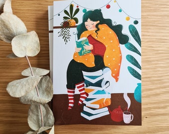 Carte de vœux illustrée ~ Lecture d'hiver