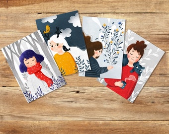 Winter illustrated postcards