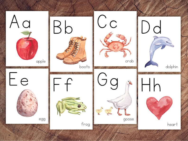 May include: Flashcards with the letters A through H, each with a corresponding image and word. The images include an apple, boots, a crab, a dolphin, an egg, a frog, a goose, and a heart.