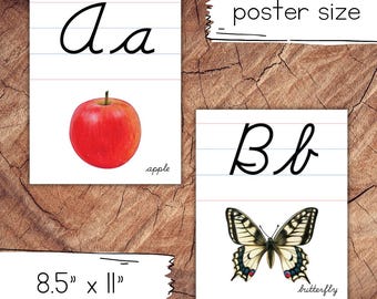 Poster dell'alfabeto corsivo a righe, grande formato per l'uso in classe