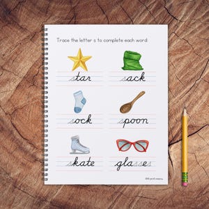 May include: A worksheet with five images and words to trace the letter 's'. The images include a star, a sack, a sock, a spoon, and a pair of glasses. The words are 'star', 'sack', 'sock', 'spoon', and 'glasses'.
