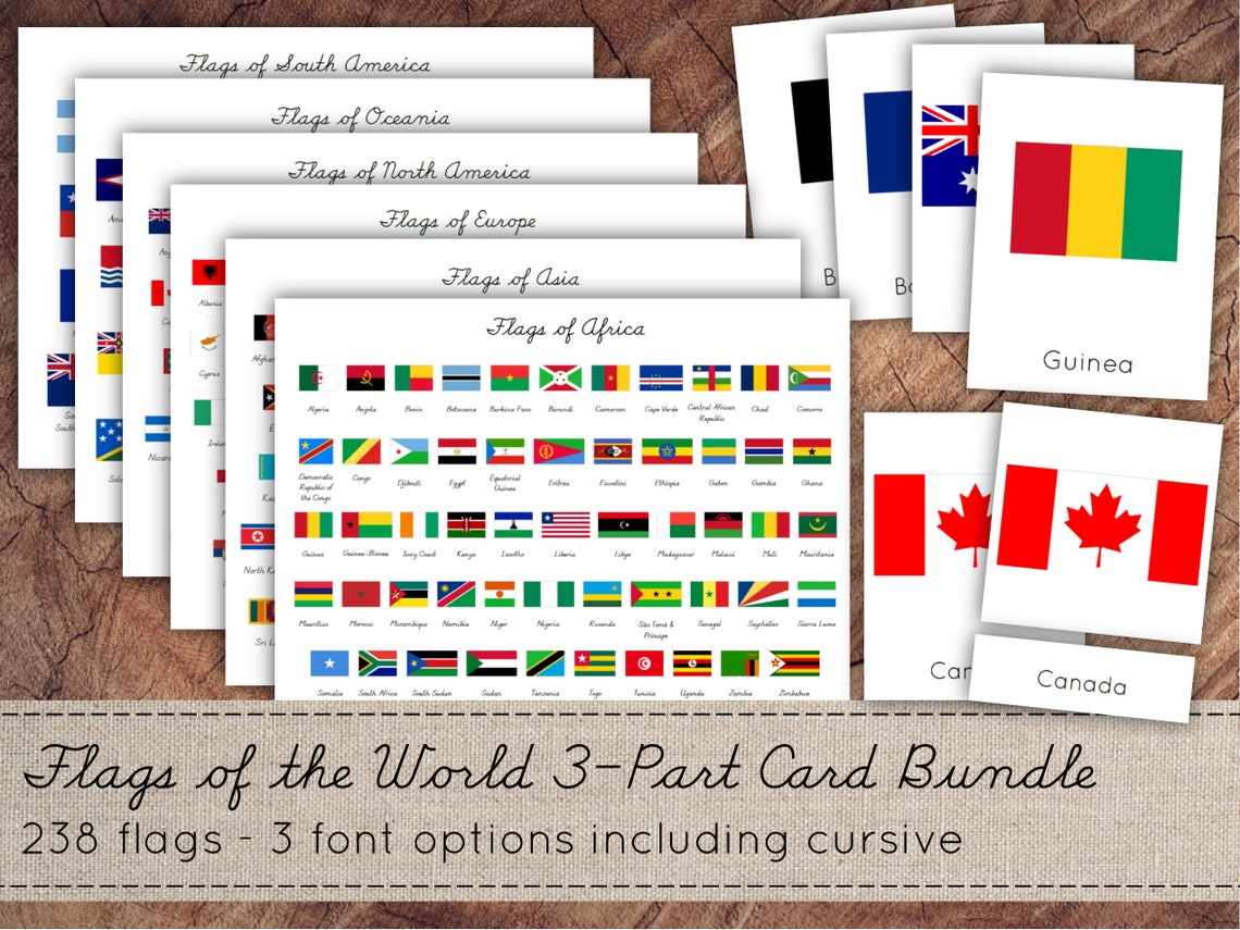 World Flags 3Part Card BUNDLE Montessori Nomenclature Cards Etsy