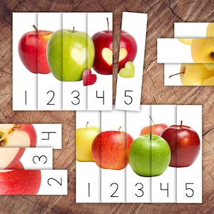 Puzzle con i numeri delle mele da 1 a 5, attività per bambini in età prescolare