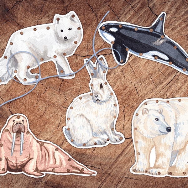 Arctic Animals Lacing Card Set, Large Format, Preschool Fine Motor Activity