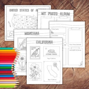 May include: A collection of black and white educational coloring pages featuring maps of the United States, state-specific themes like California and Montana, and photo album templates, accompanied by a stack of multicolored sharpened pencils.