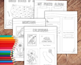 May include: A collection of black and white educational colouring pages featuring maps of the United States, state-specific themes like California and Montana, and photo album templates, accompanied by a stack of multicoloured sharpened pencils.
