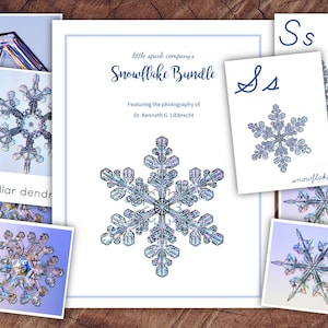 May include: A collection of snowflake photographs, featuring the work of Dr. Kenneth G. Libbrecht. The images are arranged in a collage format, with a title card that reads "little spark company's Snowflake Bundle".