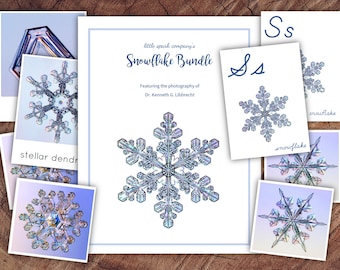 May include: A collection of snowflake photographs, featuring the work of Dr. Kenneth G. Libbrecht. The images are arranged in a collage format, with a title card that reads "little spark company's Snowflake Bundle".