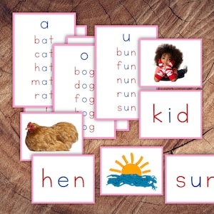 Schede linguistiche Montessori Pink Series, impara a leggere le parole CVC