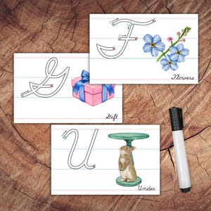 Tarjetas de introducción a la escritura cursiva en mayúsculas, con líneas