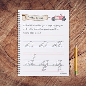 May include: A worksheet for learning cursive handwriting. The worksheet shows the letters c, o, a, d, g, and q. The letters are written in cursive and have arrows showing the direction of the strokes. The worksheet is titled "Letter Group I" and has a cartoon car at the top.