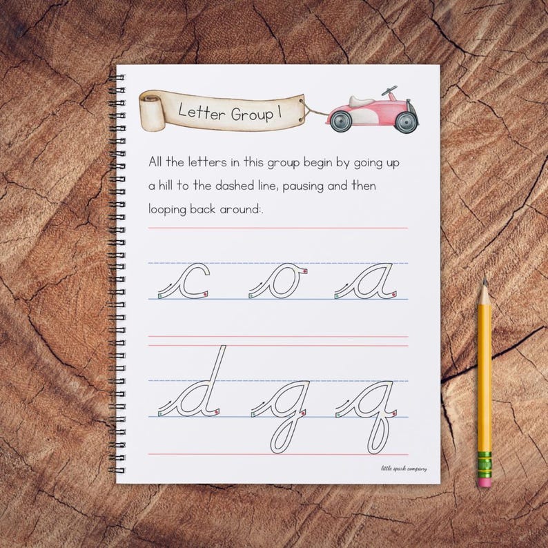 May include: A worksheet for learning cursive handwriting. The worksheet shows the letters c, o, a, d, g, and q. The letters are written in cursive and have arrows showing the direction of the strokes. The worksheet is titled "Letter Group I" and has a cartoon car at the top.
