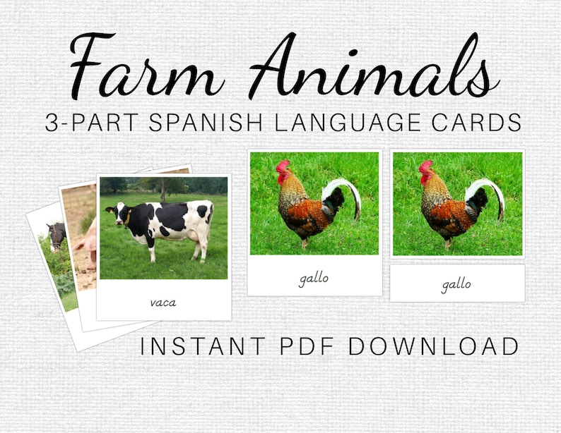 Spanish Farm Animal 3 Part Card Set DIGITAL DOWNLOAD Etsy