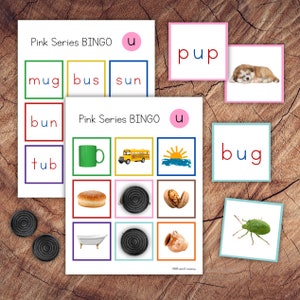 Montessori Pink Series Short U Bingo, Learn to Read CVC Words