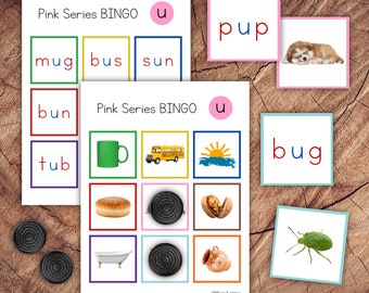 Montessori Pink Series Short U Bingo, Learn to Read CVC Words