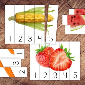 Puzzle di numeri di frutta e verdura 1-5, riconoscimento dei numeri, ordine