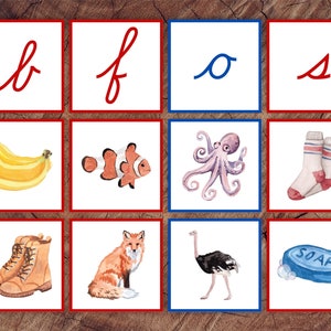 Beginning Letter Sounds Picture Sorting Card Set, Cursive Edition, Red Consonants Blue Vowels image 2