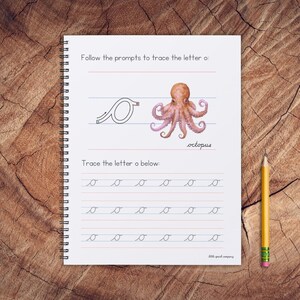 May include: A printable worksheet for tracing the letter 'o'. The worksheet features an illustration of an octopus with the word 'octopus' written below it. The worksheet includes a dotted line to guide the user in tracing the letter 'o' and several blank lines for practice.