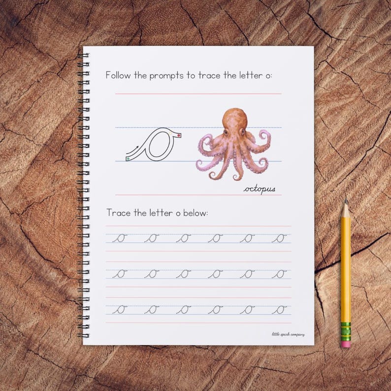 May include: A printable worksheet for tracing the letter 'o'. The worksheet features an illustration of an octopus with the word 'octopus' written below it. The worksheet includes a dotted line to guide the user in tracing the letter 'o' and several blank lines for practice.
