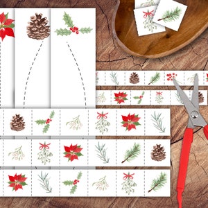 Könnte beinhalten: Druckbare Weihnachtsbastelvorlage mit Bildern von Weihnachtsstern, Tannenzapfen, Stechpalme, Mistelzweig und Tannenzweigen. Schneiden Sie die Bilder aus und kleben Sie sie auf die leeren Karten, um ein festliches Weihnachtsbastelwerk zu erstellen.