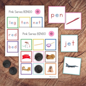 Montessori Pink Series Short E Bingo, Apprenez à lire les mots CVC